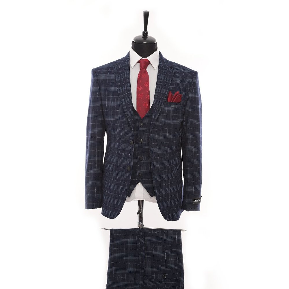Premium Turkish Suit, Plaid Peak Lapel 3-piece, Blue